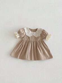 Miniweenns 1pc Baby Girl Academy Style Hollow Peter Pan Collar Puff Short Sleeve Loose Fit Dress - Khaki - View 17