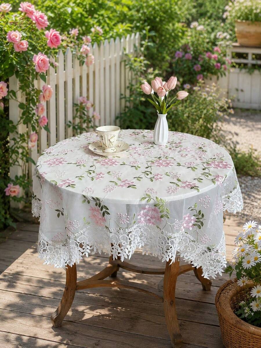 1pc Pink Pattern Embroidered Tablecloth, Lace Trim Decoration, Polyester Fabric, Embroidered Floral Pattern Tablecloth, Rectangular Square Tablecloth, Suitable For Dining Room Living Room Tabletop Decoration - White - View 1