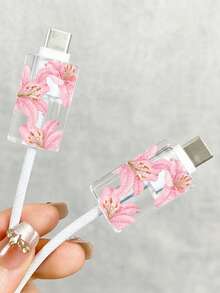 1套粉色櫻花/流蘇花/蝴蝶結透明充電器保護殼（相容20W），相容13/14/15歐規適配器保護套組，20W充電器含線保護殼透明保護殼與線材保護套，櫻花/流蘇花充電器保護殼，透明歐規插頭保護套，線材保護套，充電器配件 - 彩色 - 查看 4