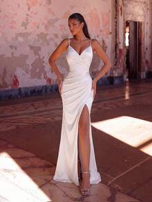 ADYCE Sleeveless Pleated Front Satin Split Back Bodycon Cami Maxi Dress For Party Club - White - View 6