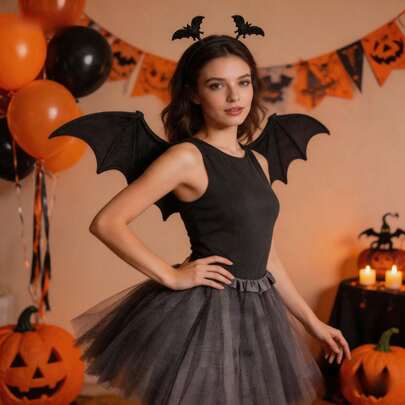 1 pieza Alas de murciélago de Halloween, adecuadas para fiesta de disfraces, decoración de cosplay, alas con correa, accesorio de disfraz festivo, alas de murciélago de demonio hechas a mano de encaje, alas grandes de murciélago con correa para disfraz de actuación festiva