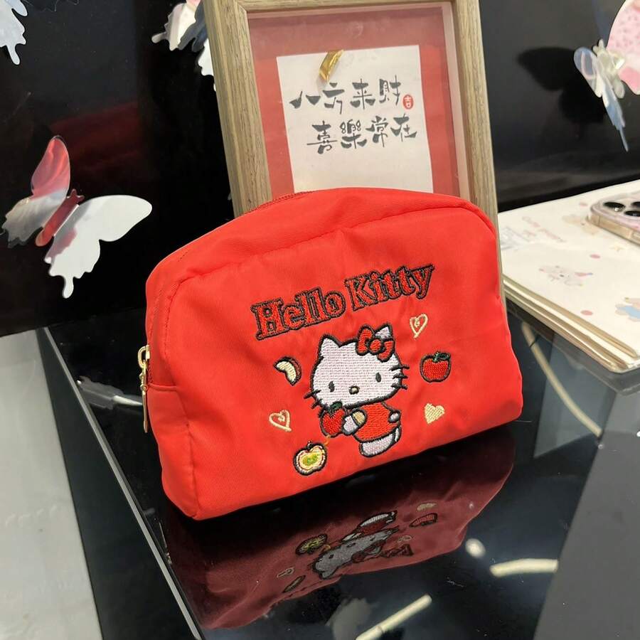 SANRIO 1pc Red Embroidered Hello Kitty Polka Dot Bow Decor Waterproof Nylon Large Capacity Zipper Cute Cartoon Girl Style Makeup Bag - Multicolor - View 1