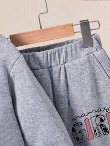 Girls Letter Print Warm Hoodie And Sweatpants - Grey - View 3