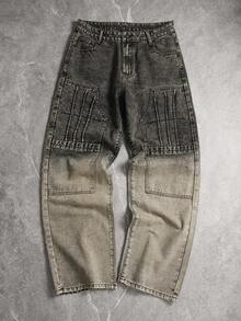 European & American Men's Vintage Retro Blue Trim Decorated Multi-Craft Mixed Style Loose Straight Leg Denim Jeans - Mocha Brown - View 10