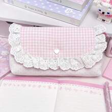 1pc Pink Plaid Lace Storage Bag, Compact Multi-Functional Organizer Bag, Exquisite Lace Trim With Heart Decoration, Suitable For Storing Coins, Cards, Notes, Pens And Cosmetics, Soft Fabric, Perfect For School, Office Organization, Travel, School Supplies - Plaid Lace - View 9