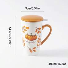 1pc 490ml/16.5oz Cottagecore Autumu Ceramic Tea Cup With Infuser And Lid, Hello Pumpkin Large Capacity Porcelain Coffee Cup Infuser Mug For Loose Leaf Tea Coffee Cocoa, Fall Home Kitchen Decor Drinkware, Gift For Halloween Thanksgiving Harvest - Multicolor - View 3