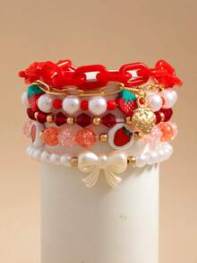 6pcs/Set Red Soft Clay Strawberry Pearl Bow Bracelet - Style 1 - View 3