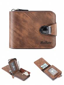 BATSIOE Vintage Men's Short Wallet With Lock, Multiple Card Slots, Mirror Window, Zipper Coin Pocket, Multifunctional Leather Wallet - Multicolor - View 2