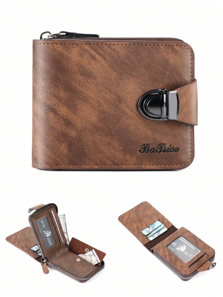 BATSIOE Vintage Men's Short Wallet With Lock, Multiple Card Slots, Mirror Window, Zipper Coin Pocket, Multifunctional Leather Wallet