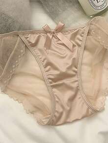 Mystèrelle 4pcs Ice Silk Satin Lace Panties For Women, Ultra-Thin Breathable Low Waist Bow Mesh Sexy Seamless Triangle Shorts - Multicolor - View 8