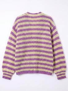 Women's Cute Commute V-Neck Long Sleeve Knit Cardigan, Soft Ribbed Knit Striped Cardigan, Autumn Daily Comfortable Minimalist Loose Top - Purple - View 8