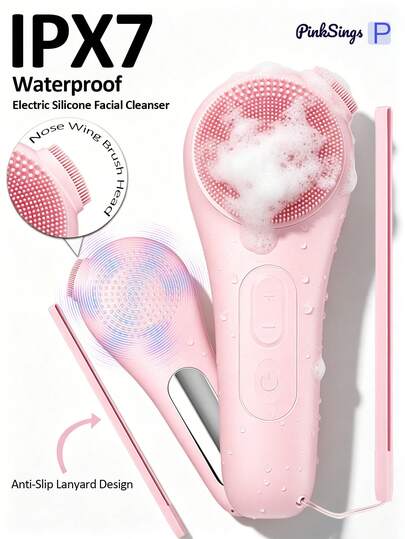 PinkSings 5-Speed Silicone Facial Cleansing Brush With Hanging Rope, Waterproof Exfoliating Face Brush, Suitable For Men And Women, Rechargeable Electric Cleanser, Deep Cleaning, Exfoliation, Massage