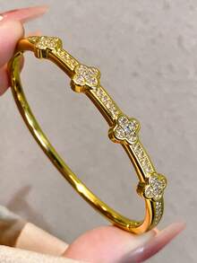 1pc 18K Gold Plated Copper Four-Leaf Clover Encrusted With Cubic Zirconia Bracelet, Suitable For Daily Wear And Holiday Gifts - Multicolor - View 5