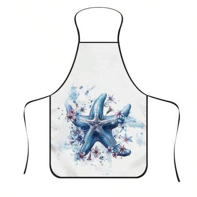 1pc Watercolor Blue Starfish Print Apron, Featuring Starfish And Ocean Floral Pattern, Durable Cooking Apron Suitable For Bakers, Cake Decorators, BBQ Enthusiasts, Gardeners, Painters, Nail Artists - Perfect Gift For Home And Professional Chefs