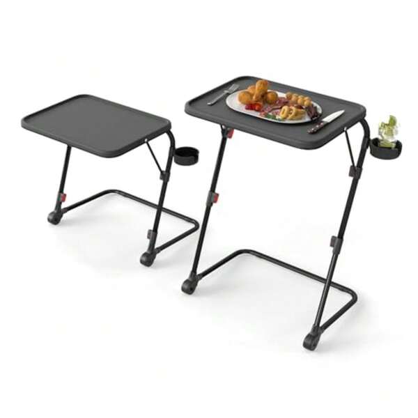 FurnitureR Juego de 2 Mesa Plegable para TV con Portavasos, Mesa para Refrigerios con 4 Ajustes de Altura y 4 ángulos de Inclinación, Mesas de Cama Médicas Espacio Pequeño, Sin Ensamblaje, Negro
