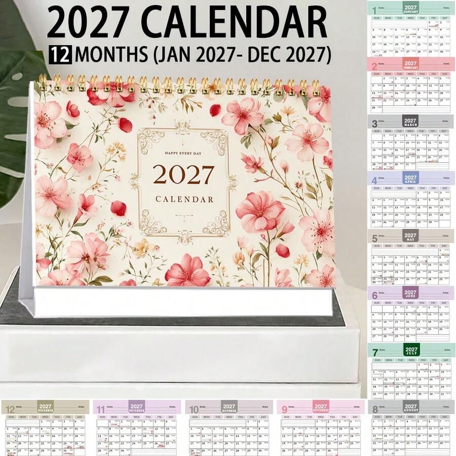1 Stück Frischer Blumen 2D Cover 2027 Tischkalender, geeignet für tägliches Büro, Schule, Unternehmen, hilft Ihnen bei der Zeitplanung und Monatsplanung. Exquisites Design, 12 Monate klar dargestellt von Januar bis Dezember, begleitet Sie durch jeden schönen Moment, ein durchdachter kleiner Helfer für die Planung von Leben und Arbeit. - Tischkalender - Übersicht 1