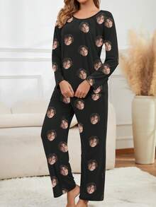 Customized Women's Sleepwear Set, Customizable With Any Unique Pattern As A Holiday Gift, Suitable For Couples, Friends, And Holiday Parties - Black - View 4