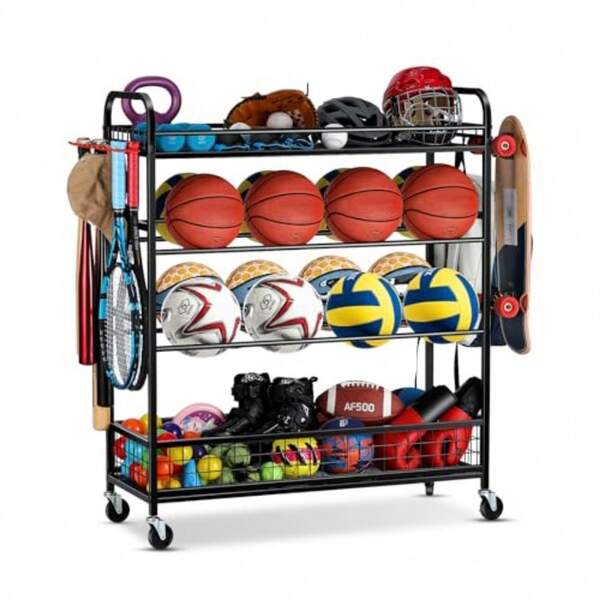 (Free Shipping)Garage Sports Equipment Organizer - Rolling Ball Storage Bin With Wheels Garage Sports Gear Rack Outdoor Basketball Racks For Balls With Baseball Bat Holder And Hooks Toy Organizer