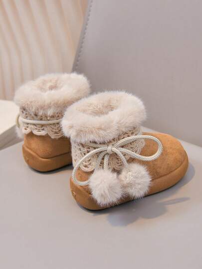 1 Pair Khaki Winter Girls' Plush Ball Snow Boots, Thermal Lined Thick Warm Ankle Boots With Lace Trim, Bowknot, Soft Sole And Anti-Slip