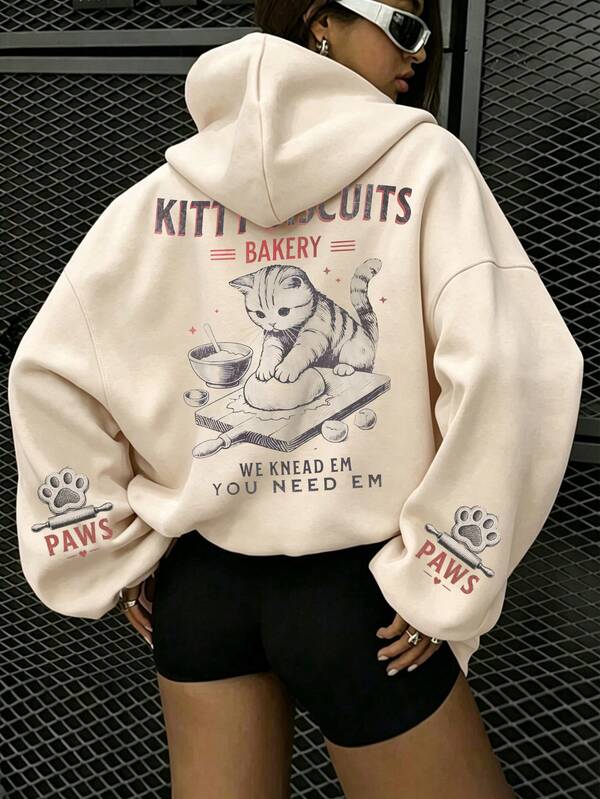 Cat Letter & Star Print Sweatshirt, Plus Size Women's Casual Autumn/Winter Long Sleeve Pocket Hooded Sweatshirt, Suitable For Winter Holiday Outfits, Beach Outfits, Vacation Outfits, Halloween Outfits, Thanksgiving Outfits, Christmas Outfits, New Year Outfits. Suitable For Daily Wear, Going Out Tops, Outings, Holidays, Beach, Parties, Beach, Proms, School, Graduation, Luxury, Vacation, Commuting, Fitness, Weddings, Fashionable, Winter Tops, Women's Autumn Outfits, Women's Holiday Clothing