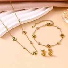 Stainless Steel 18K Gold Plated H Letter Necklace Bracelet Earrings Set Collarbone Chain - Gold - View 2