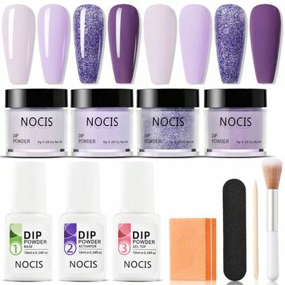 NOCIS 浸粉美甲套組 - 壓克力美甲入門套件，包含 4 色粉末（灰色、粉色、黑色亮粉）、底層塗料、頂層塗料、活化劑、刷子、磨光棒和指甲锉 - 無香料 DIY 美甲工具