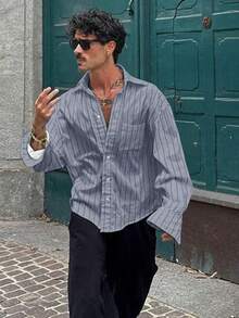 Men's Thin Striped Long Sleeve Shirt, Fashionable Casual Style Suitable For Spring And Autumn - Baby Blue - View 1