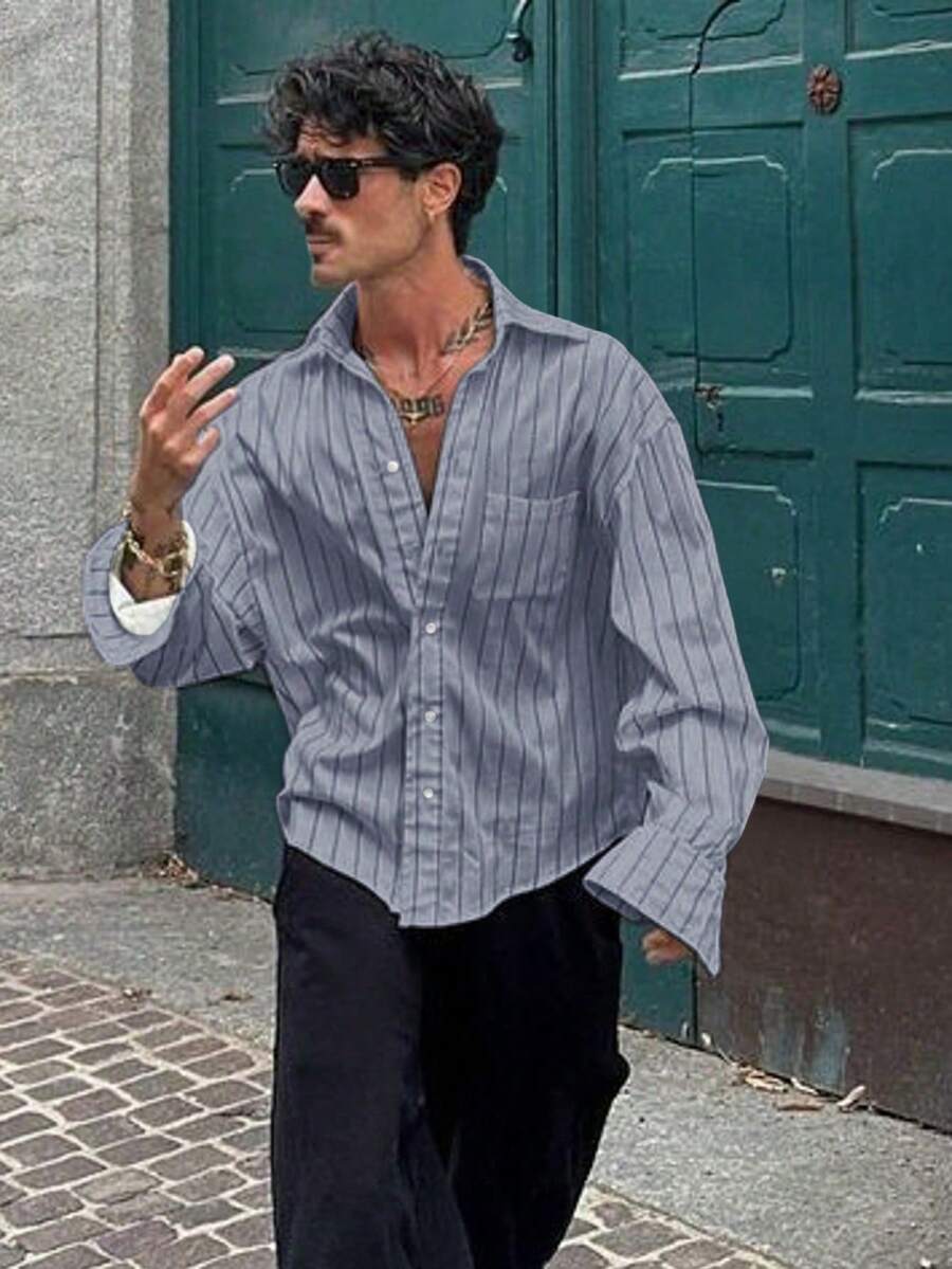 Men's Thin Striped Long Sleeve Shirt, Fashionable Casual Style Suitable For Spring And Autumn - Baby Blue - View 1