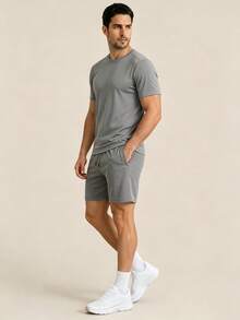 Conjunto de ropa deportiva de 2 piezas para hombre AHTELB, camiseta de cuello redondo con pantalones cortos con cordón, de seda de hielo fina, cómodo, transpirable, elástico, casual, adecuado para deportes al aire libre diarios, ocio y desplazamientos, regalo para esposo, novio, amigo, cliente, padre, conjunto de 2 piezas para hombre, ropa de gimnasio para hombre, gimnasio - Gris Claro - Ver 5