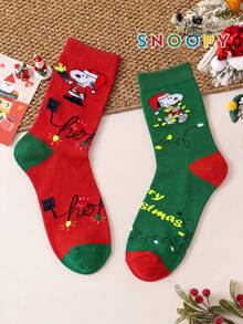 1/2 Pairs Snoopy Socks Men's Autumn/Winter Red & Green Christmas Mid-Calf Sports Socks, Cute Cartoon Pattern Unique Snoopy Halloween Socks - Multicolor - View 5