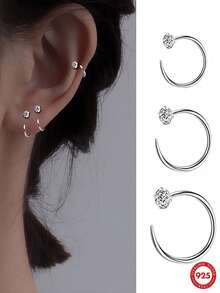 1 Pasang Anting Hoop Terbuka Perak Sterling Berhiaskan Zirkonia Kubik, Cocok untuk Pemakaian Sehari-hari Wanita - Perak - View 1