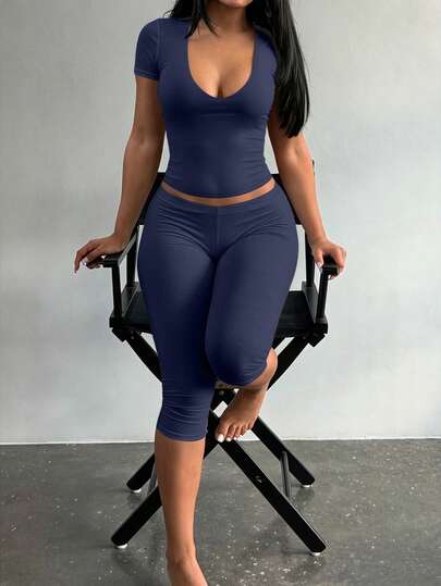 LovelyWholesale Conjunto de 2 piezas de camiseta de manga corta con cuello en V y pantalones largos de unicolor para mujer, atuendo casual elegante para verano y todas las estaciones