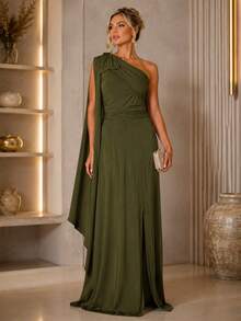 Bridesmaid Dress For Party Guests Reception Graduation Without Shine Cape Sleeve In Fluity - Verde Oliva - Ver 2