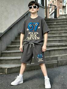 Tween Boy Cartoon Graphic Print Crew Neck Short Sleeve T-Shirt And Shorts Set - Dark Grey - View 1