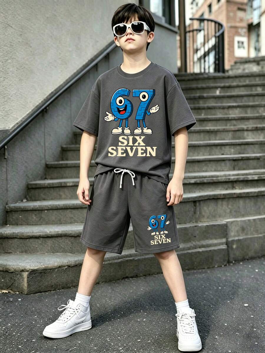 Tween Boy Cartoon Graphic Print Crew Neck Short Sleeve T-Shirt And Shorts Set - Dark Grey - View 1