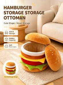 Cute Hamburger Shaped Plush Storage Ottoman Stool, Multifunctional Hidden Storage Foot Rest Seat, Cartoon Round Toy Snack Storage Bench For Bedroom Living Room Entryway Kids Room Playroom - Multicolor - View 5