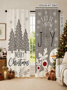 2pcs Gray Tone Minimalist Reindeer Snowman Christmas Tree Christmas Print Curtains, Rod Pocket Polyester Fabric, Simple Line Pine Tree Red Berry Snowflake Holiday Text Full Print, Nordic Cold Style Quiet Winter Christmas, Machine Washable, Kitchen Living Room Bedroom Decor Window Treatment - Multicolor - View 15