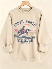 Women's Western Style Fort WorthTexasEST1849CowboyPatternHoodieSoftCrewNeckPulloverWith Cactus And Longhorn DesignComfortableCasualLongSleeve Sweater - 杏色 - 查看 3