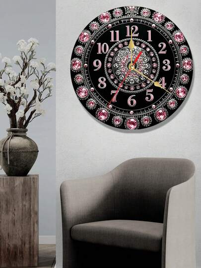 1pc,2D Flat Wooden Wall Clock,Black Pink Crystal Decorative Clock With Rhinestones, Suitable For Living Room, Bedroom, Office, Dining Room, Hotel Lobby Decoration, 2D Flat