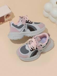 Girls' Light Gray, Pink & Brown Colorblock Magic Tape Lace-Up Chunky Sneakers, Simple Patchwork Kids' Shoes, Suitable For All-Season Outings And Daily Wear - Pink - View 6