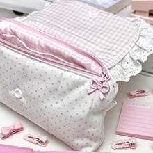 1pc Pink Plaid Lace Storage Bag, Compact Multi-Functional Organizer Bag, Exquisite Lace Trim With Heart Decoration, Suitable For Storing Coins, Cards, Notes, Pens And Cosmetics, Soft Fabric, Perfect For School, Office Organization, Travel, School Supplies - Plaid Lace - View 6