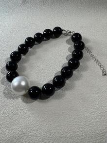 1pc French Minimalist Elegant Black & White Contrast Acrylic Beaded Faux Pearl Necklace, Versatile Jewelry Gift For Women - 31979-nek-black-eP - View 7