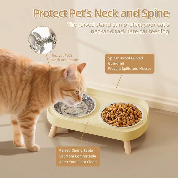 Elevated Cat Food & Water Bowl Set, 2 Stainless Steel Pet Feeding Bowls, Modern Style, Designed For Indoor Cats, Anti-Splash, Includes 2 Stainless Steel Cat Food & Water Bowls, Suitable For Cats And Puppies, No Whisker Fatigue