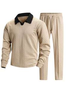 Men's Luxury Textured Colorblock Black Collar Casual 2 Pieces Set, Loose Long Sleeve Top And Pants, Spring/Autumn - Khaki - View 5