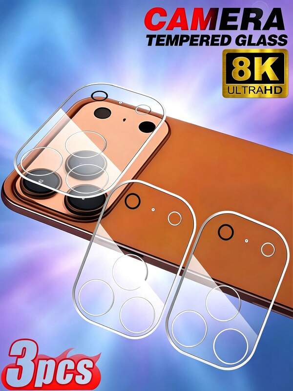 3 piezas Película de vidrio para lente HD con dureza 9H, cobertura completa, a prueba de explosiones, resistente a arañazos, película protectora de cámara compatible con iPhone 17 Pro Max 16 15 14 13 12 11, sin burbujas, succión automática, protección de lente
