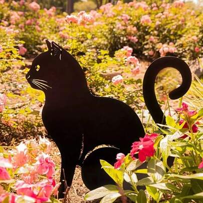 1pc Metal Cat Silhouette Garden Decor Stake, Cute Cat Outdoor Animal Statue For Cat Garden