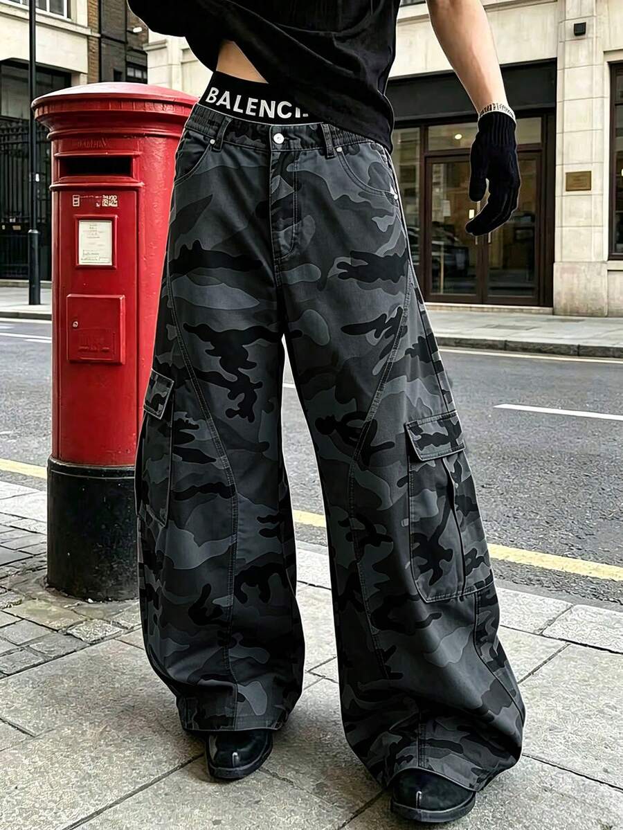 Men's Spring/Autumn Casual Fashion Straight Leg Outdoor Camouflage Cargo Pants - Dark Grey - View 1