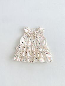 1pc Girls Outdoor Casual Sweet Multi-Layer Ruffle Colorful Polka Dot Sleeveless Dress Summer - Apricot - View 16