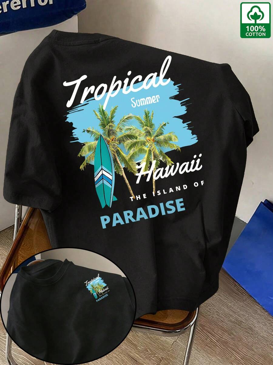 T-shirt da uomo a maniche corte, stampa hawaiana con tavola da surf e cocco, per le vacanze estive, girocollo, comoda, casual, tuta da uomo, stile y2k - nero - Visualizzare 1