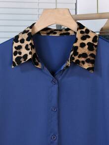 Women's Autumn Patchwork Leopard Print Satin Blouse - Navy Blue - View 5